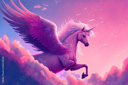  a pink unicorn with wings flying through the sky with clouds in the background and a pink sky with clouds in the background and a pink sky with clouds and pink clouds and blue sky with. generative ai