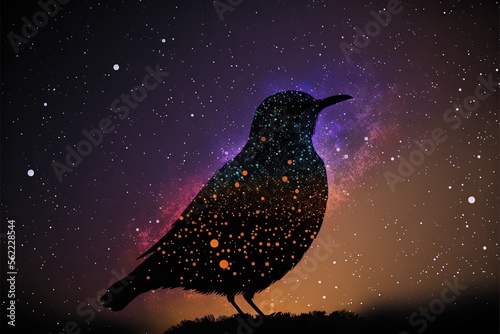  a black bird sitting on top of a hill under a night sky filled with stars and a star filled sky filled with stars behind it is a silhouetted by a purple and orange hue. generative ai