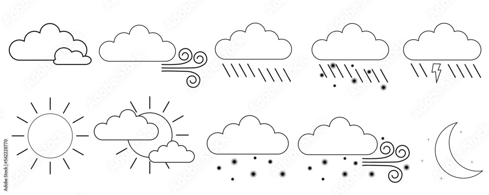 Weather forecast linear icons set. Snow, rain, sleet. Shower or drizzle, thunderstorm. Sunny, cloudy, foggy and windy weather. Contour symbols. Isolated vector outline illustrations. Editable stroke Weather forecast linear icons set. Snow, rain, sleet. Shower or drizzle, thunderstorm. Sunny, cloudy, foggy and windy weather. Contour symbols. Isolated vector outline illustrations. Editable stroke