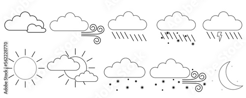 Weather forecast linear icons set. Snow, rain, sleet. Shower or drizzle, thunderstorm. Sunny, cloudy, foggy and windy weather. Contour symbols. Isolated vector outline illustrations. Editable stroke