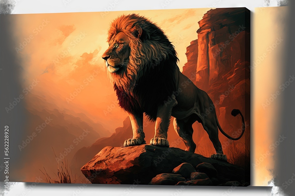 a lion standing on a rock in a painting style with a sunset in the ...