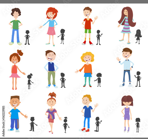 cartoon kids and teens with silhouettes set