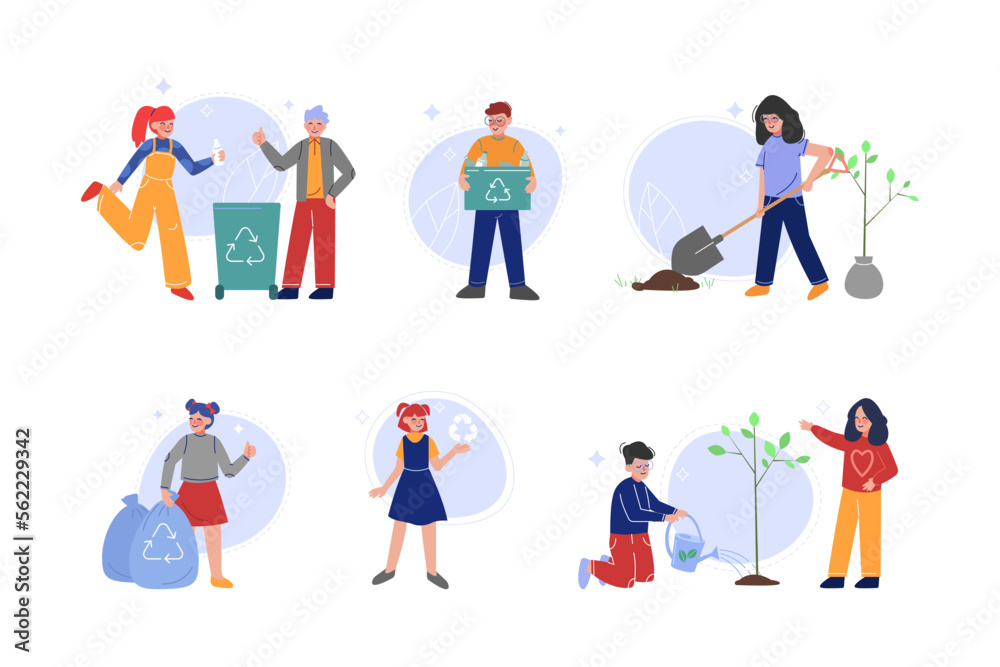 Children volunteers gathering waste for recycling and planting trees set. Nature and ecology protection cartoon vector illustration