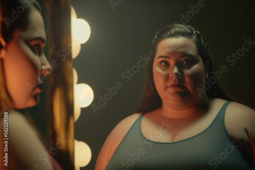 a young overweight woman looks at herself in the mirror in shock, reflection of the upper body causing a dissatisfied or self-critical expression on her face. Generative AI