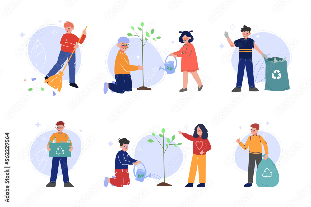 Children volunteers gathering waste for recycling and watering plant set. Nature and ecology protection cartoon vector illustration