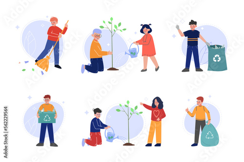 Children volunteers gathering waste for recycling and watering plant set. Nature and ecology protection cartoon vector illustration