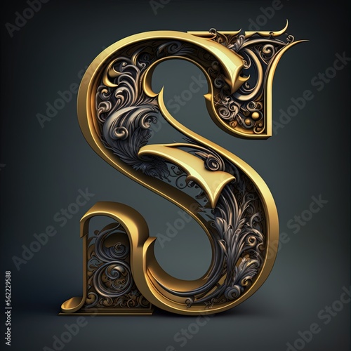 Letter S with plant pattern metallic engraving. 3d design.