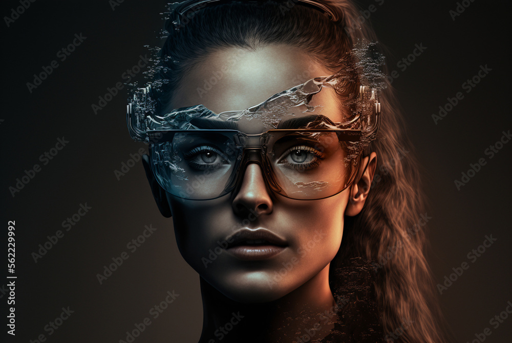 a young woman wears semi-transparent glasses that serve as a display, VR glasses or goggles with connected technology. Generative AI a young woman wears semi-transparent glasses that serve as a display, VR glasses or goggles with connected technology. Generative AI