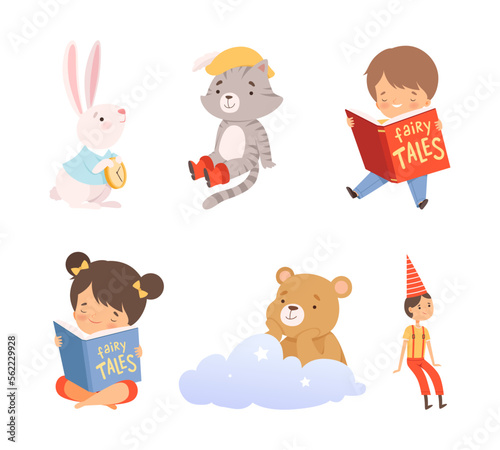 Cute little boy and girl reading fairy tail fantasy book. Heroes of fairy tales set cartoon vector illustration