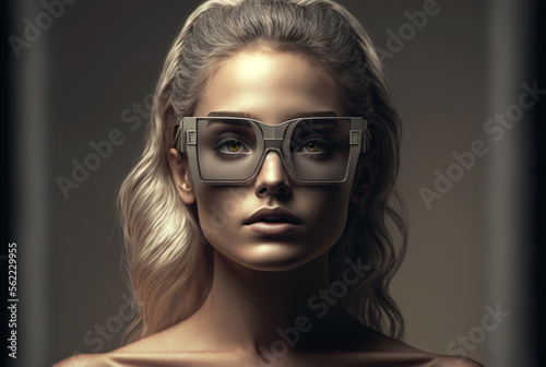 a young woman wears semi-transparent glasses that serve as a display, VR glasses or goggles with connected technology. Generative AI