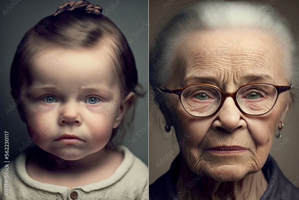 Young girl and older woman side by side as comparison, people life and ...