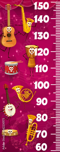 Kids height chart ruler. Cartoon musical instrument characters. Child growth scale, kid height growth measure ruler or meter with guitar, drum and saxophone, tambourine, trumpet, horn funny personages