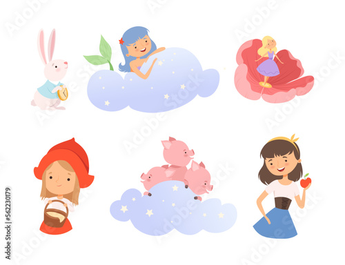 Famous fairy tale characters set. Little mermaid, rabbit, Snow white cartoon vector illustration