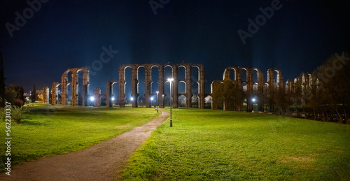 The Acueducto de los Milagros a Roman aqueduct in Mérida, Extremadura Spain at night