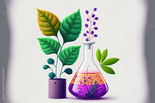Flask and beaker in biotechnology and cosmetic science against a white laboratory background with a wild green plant and purple flower. Generative AI