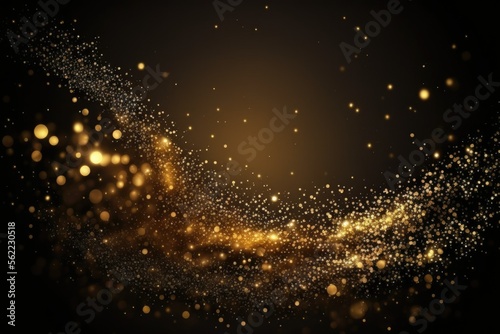 a stunning flow of glitter particles and a bokeh golden shiny background on a dark backdrop. the glitter particles and bokeh effect are crisp and vibrant wave effect