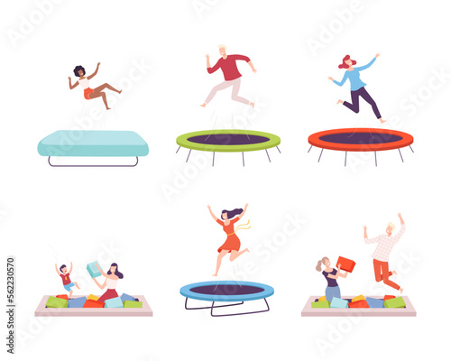 Happy men, women and children jumping on trampolines set. Energetic people bouncing and having fun flat vector illustration