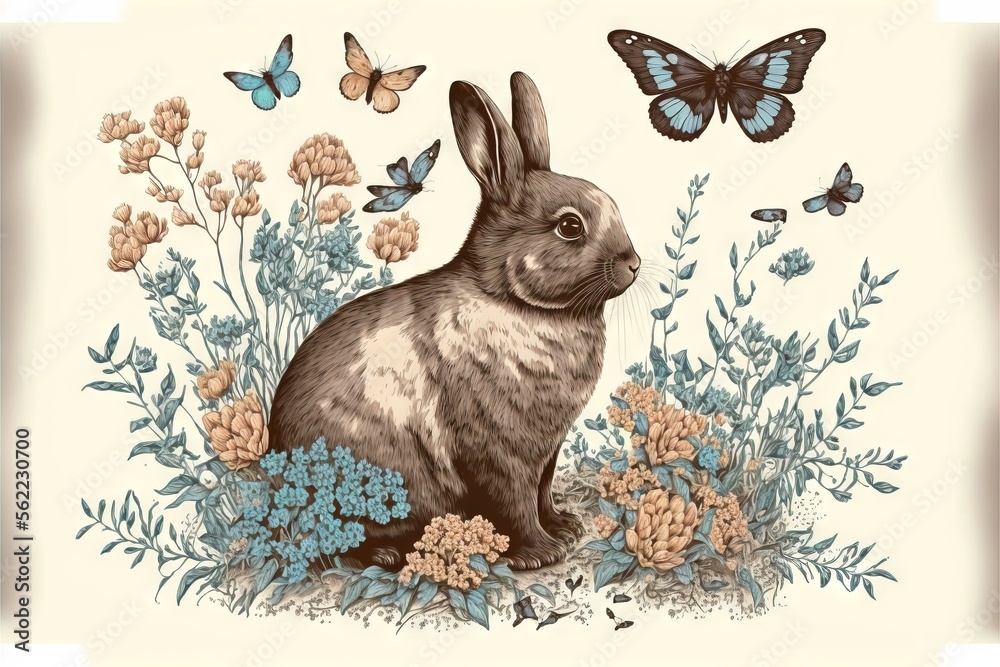 rabbit sitting in a field of flowers and a butterfly flying above it ...