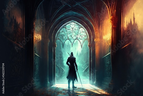 This art depicts a man wielding a spear   standing in the doorway of a dark hallway that leads towards the castle. The image conveys a sense of adventure and mystery.