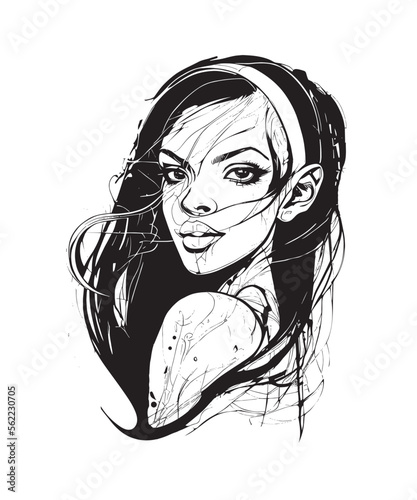 A vector graphic depicting a portrait of a beautiful black woman. The features of her face are depicted with precise lines and shapes  creating a clear and detailed image. The graphic is monochromatic