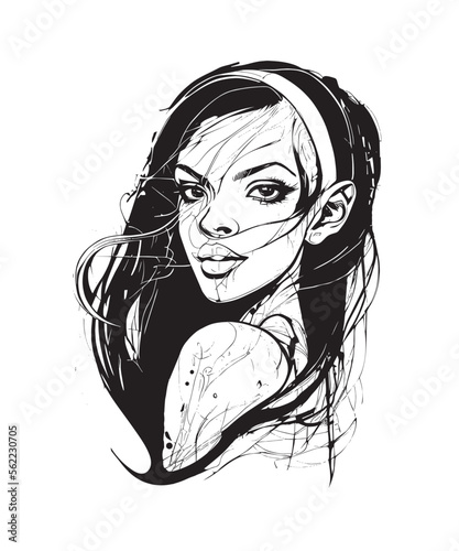 A vector graphic depicting a portrait of a beautiful black woman. The features of her face are depicted with precise lines and shapes, creating a clear and detailed image. The graphic is monochromatic