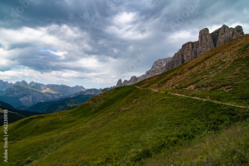 Iconic hiking trail in the Italian Alps, Dolomites. Hiking and mountaineering route tourism in Italy. Lonely mountain path.