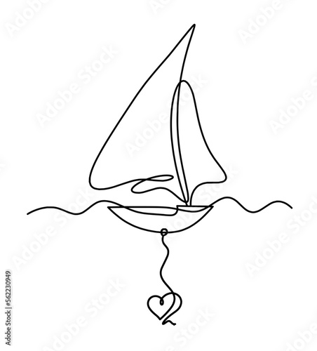 Abstract boat with heart as line drawing on white background. Vector