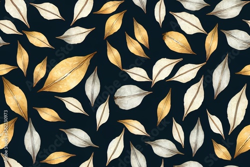 Gold eucalyptus twigs, seeds, and leaves form a flawless watercolour pattern. Generative AI