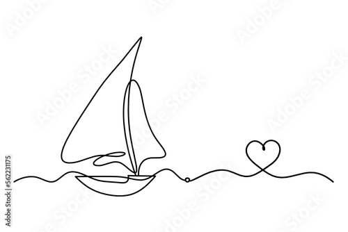 Abstract boat with heart as line drawing on white background. Vector