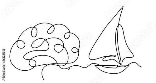 Abstract boat with brain as line drawing on white background. Vector