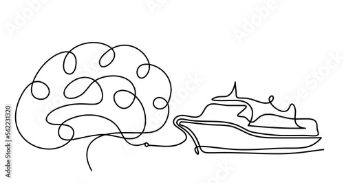 Abstract boat with brain as line drawing on white background. Vector