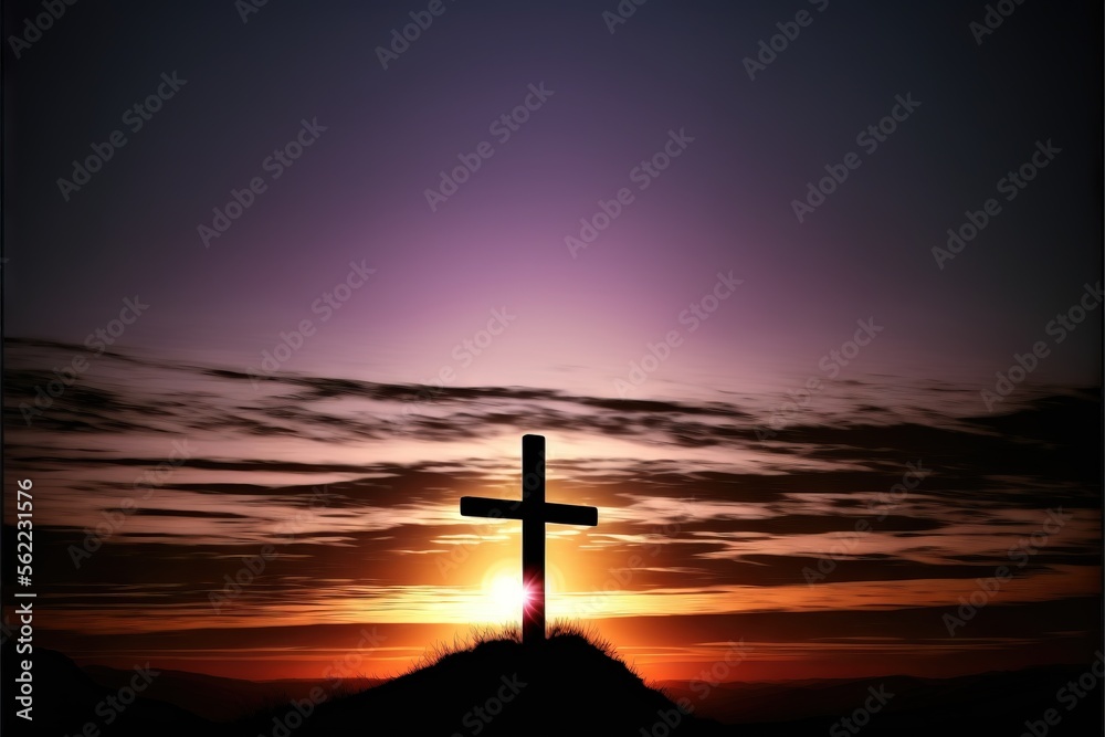  a cross on a hill with a sunset in the background and clouds in the sky above it, with a bright sun behind it, and a purple sky with a few clouds, with a. Generative AI 