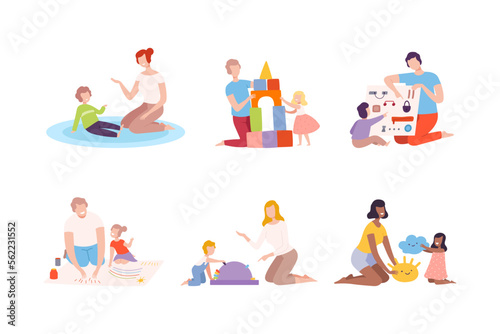 Parents and their kids having good time together set. Families playing toys, painting with fingerprints flat vector illustration © topvectors