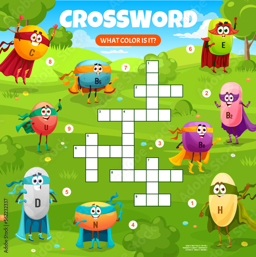 Crossword quiz game grid. Cartoon superhero micronutrient vitamin characters on meadow. Word search riddle, crossword grid vector worksheet with C, B, E and U, D, N micronutrient cute hero personages