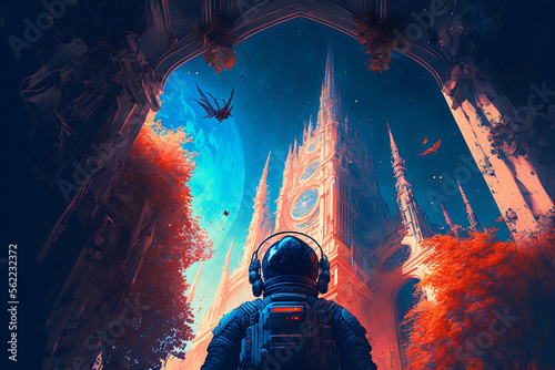 ''Cathedral of the Cosmos A Cyberpunk's Encounter with the Neobrutalist Evil Space Cathedral'' digital art style, illustration painting, Generative AI 

 photo