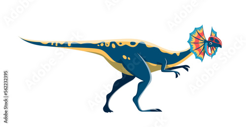 Cartoon Dilophosaurus dinosaur character. Extinct reptile, Jurassic era isolated lizard with colorful neck frill. Paleontology animal, ancient wildlife carnivorous dinosaur vector funny personage
