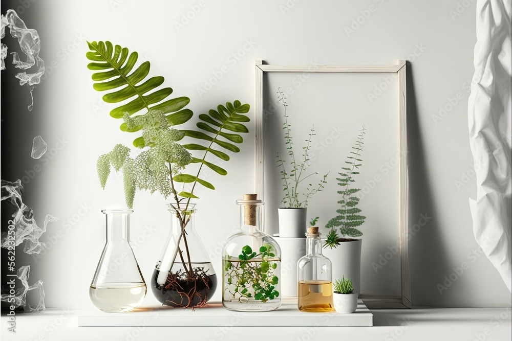 a shelf with various plants and vases on it, including a fern, a fern ...