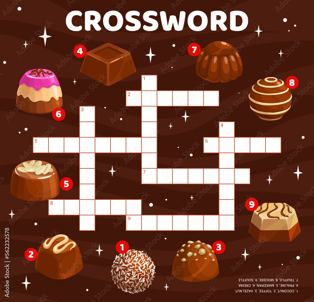 Crossword quiz game grid cartoon chocolate candies. Child vocabulary