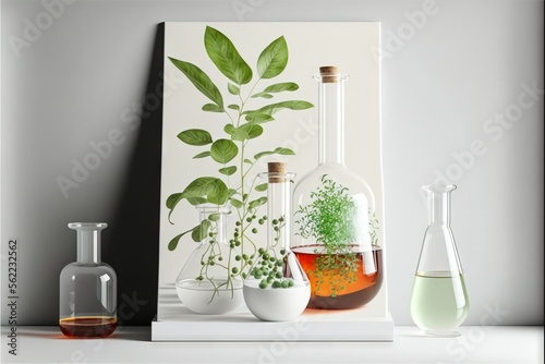  a shelf with a variety of glass vases and plants in them on it, and a painting of a plant in the background, and a white shelf with a white shelf holding a. Generative AI 