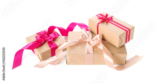 Gift boxes with pink bows for Valentine's Day on white background