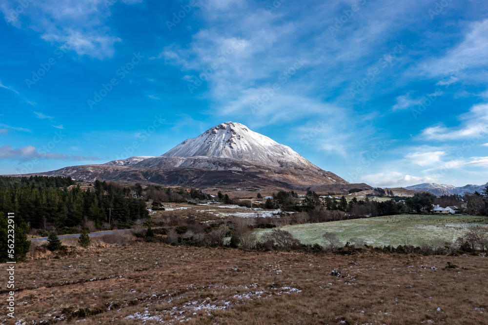 Aerial view of the snow covered Mount Errigal, the highest mountain in Donegal - Ireland.