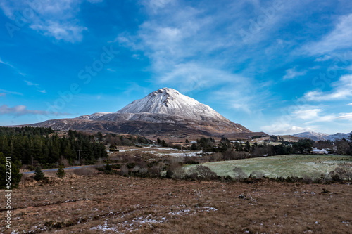 Aerial view of the snow covered Mount Errigal, the highest mountain in Donegal - Ireland.