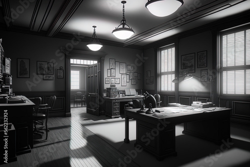 Crime scene investigator's workplace decorated with a noir motif Generative AI