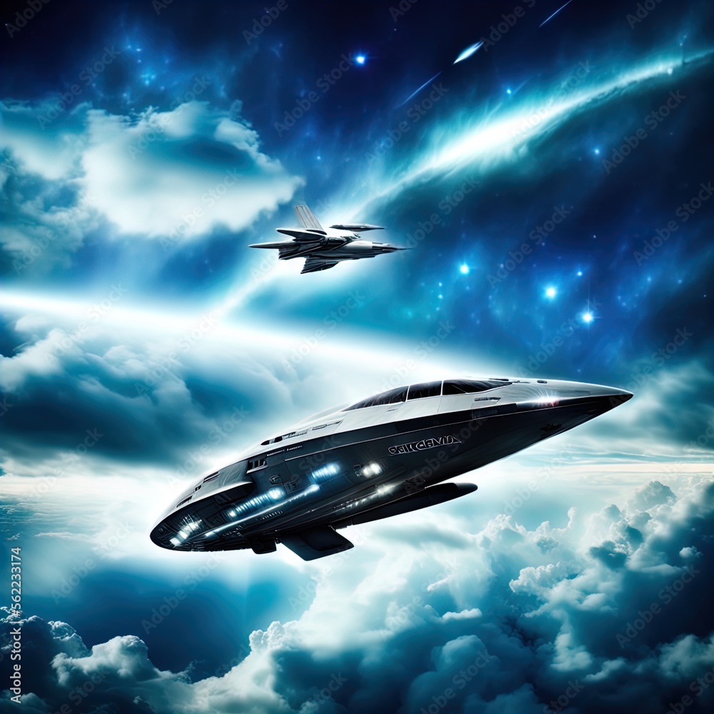 Future airplane/spaceship flies among the clouds. Future airplane/spaceship flies among the clouds.