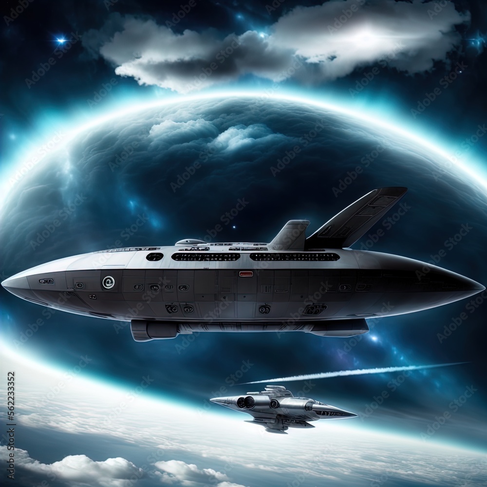 Future airplane/spaceship flies among the clouds. Future airplane/spaceship flies among the clouds.