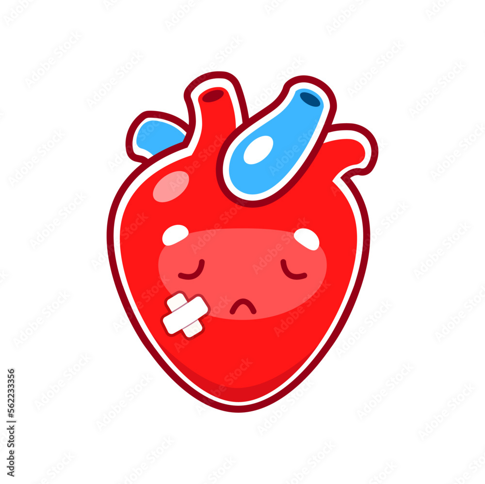 Cartoon unhappy sick heart character. Medical diagnosis, human body disease, physiology and health problem concept. Human circular system internal organ damage or injury, heart attack vector personage Cartoon unhappy sick heart character. Medical diagnosis, human body disease, physiology and health problem concept. Human circular system internal organ damage or injury, heart attack vector personage