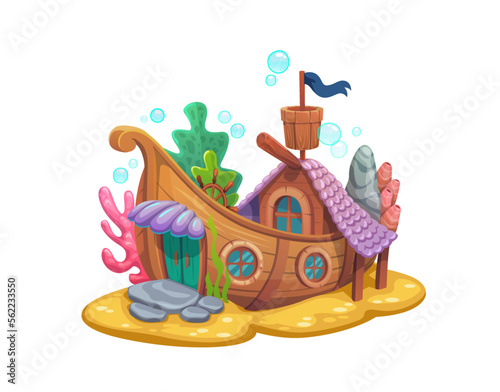 Underwater wooden sail ship house building. Vector aquarium decor, mermaid home, fantasy boat dwelling with roof, flag and canopy over the door on sea floor. Fairy tale vessel living architecture