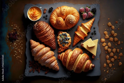  a variety of pastries are arranged on a slate board with a pate of butter and jelly on it, and a bowl of fruit and a bowl of jelly and a spoon are on the side. Generative AI 