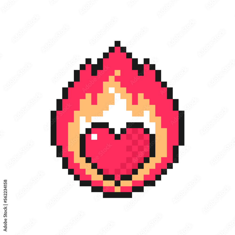 Burning heart on fire icon in pixel style. Love symbol for Valentine's Day. Isolated on white background vector sign Burning heart on fire icon in pixel style. Love symbol for Valentine's Day. Isolated on white background vector sign