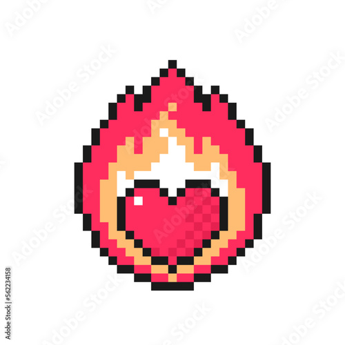 Burning heart on fire icon in pixel style. Love symbol for Valentine s Day. Isolated on white background vector sign